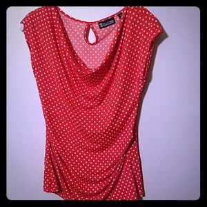 Red with white polka dot drapey top